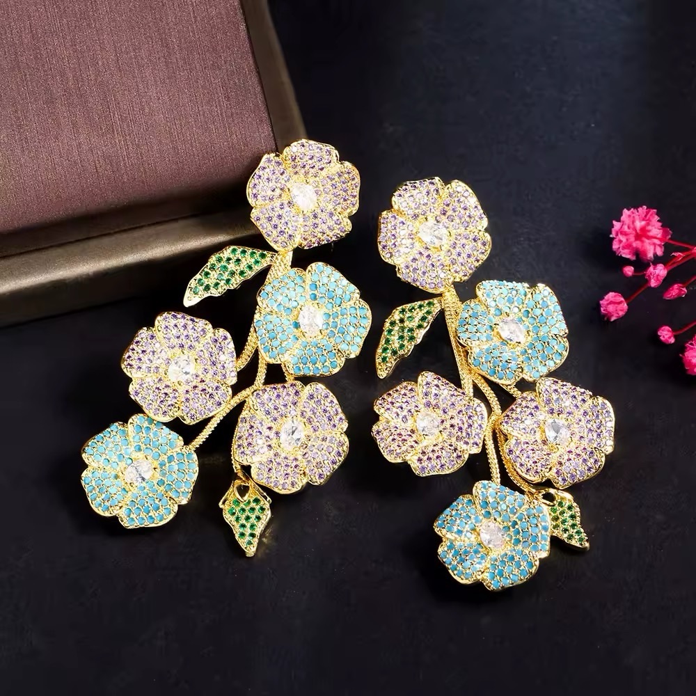 Gold-Tone Floral Drop Earrings with Blue, Lavender and Green Crystals